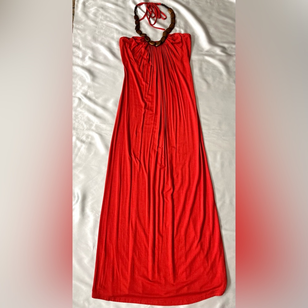 Orange Maxi Dress with Wood Bead Neckline - Sz Small